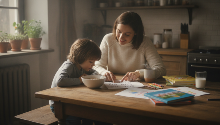 Parent and kindergartner at a kitchen table working through a sight word list together with picture books nearby