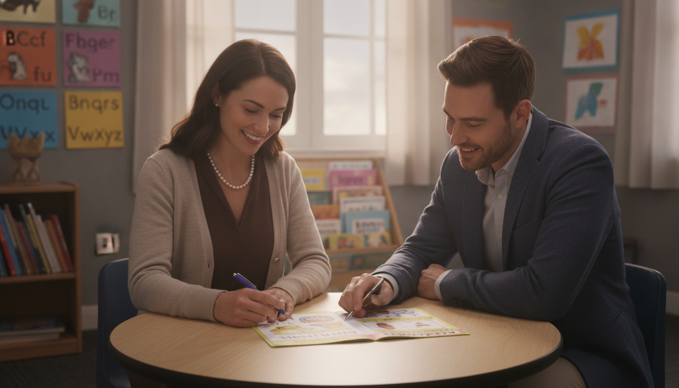 Friendly female teacher and parent sitting together at a small table reviewing a child's reading worksheet in a calm, collaborative classroom setting