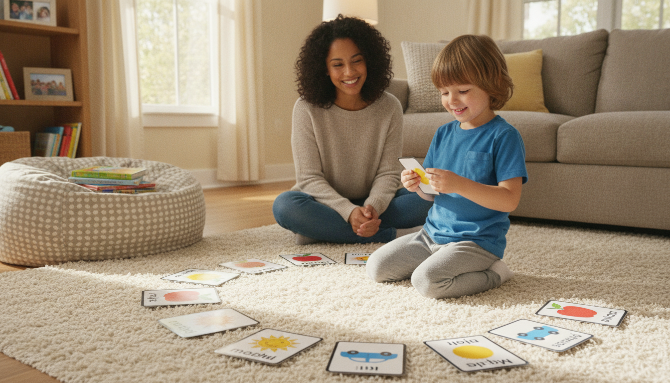Young child playing a word card matching game on a living room rug while a parent watches encouragingly nearby