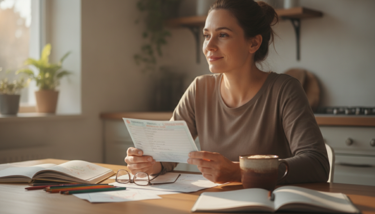 Parent sitting at a kitchen table reviewing a child's school report, with a coffee mug and morning light nearby