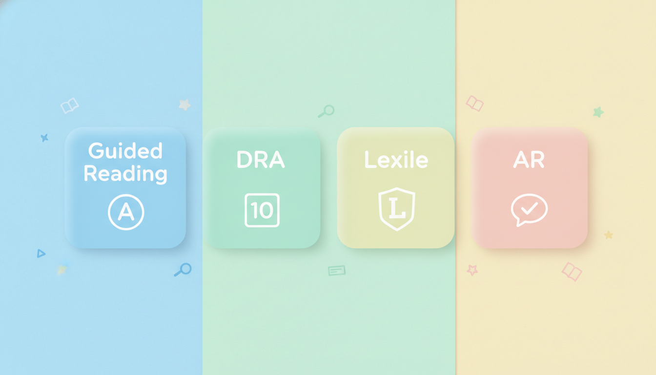 Flat-lay illustration showing four cards representing the four reading level systems: Guided Reading, DRA, Lexile, and AR