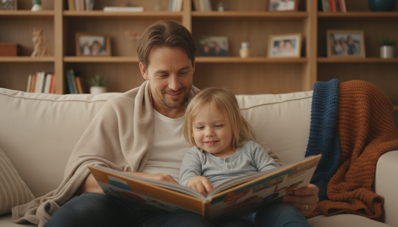 Parent and child sitting together on a couch, both looking at a book with relaxed and happy expressions, bookshelves in the background