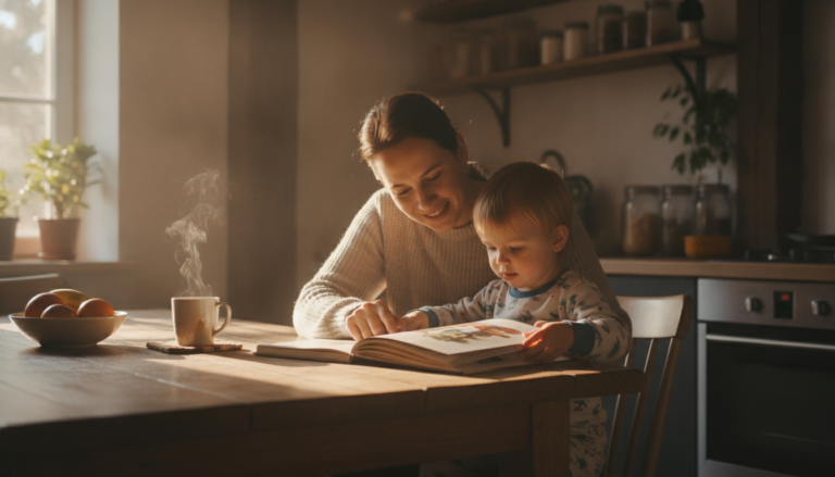 A parent and young child reading a picture book together at a cozy kitchen table in warm morning light