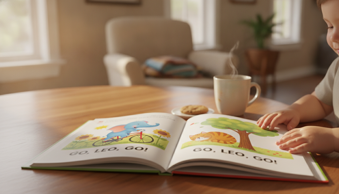 A child's hands holding an open, brightly illustrated picture book at a table — a calm, unhurried reading moment