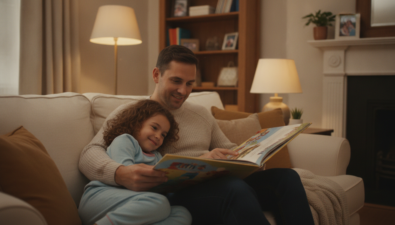 A parent and child sitting side by side on a couch, reading the same open book together in a comfortable living room