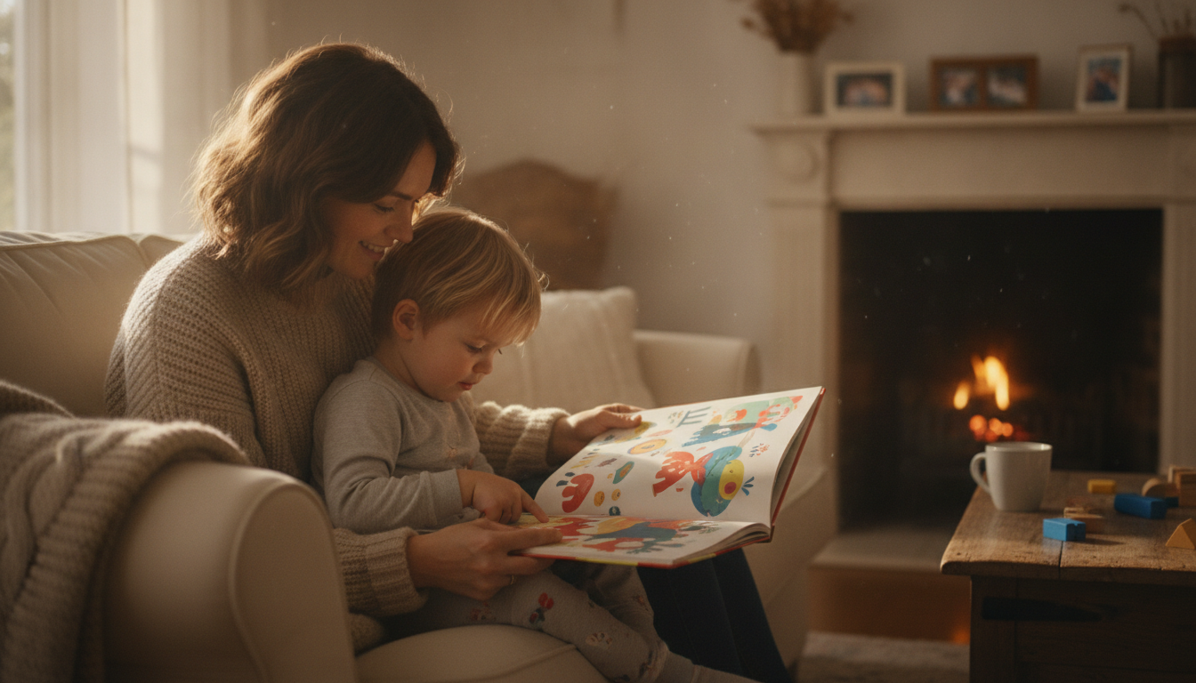 Parent and young child sitting together on a sofa reading a colorful picture book in a warm, sunlit living room