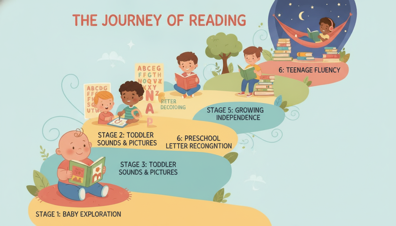 Illustrated staircase showing six stages of reading development from a baby with a board book at the bottom to a teenager reading independently at the top