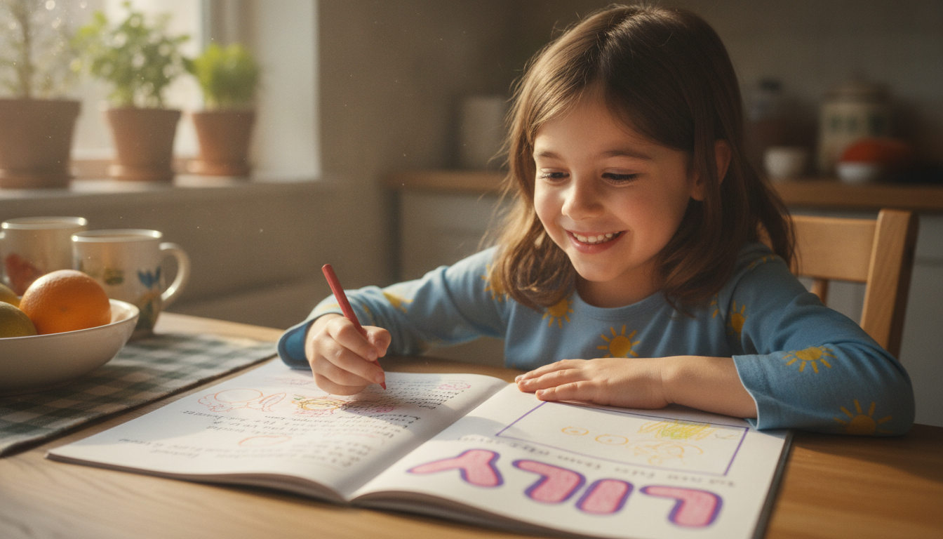 A cheerful child aged around seven sitting at a kitchen table reading a short printed story with their own name on the page, smiling and holding a crayon