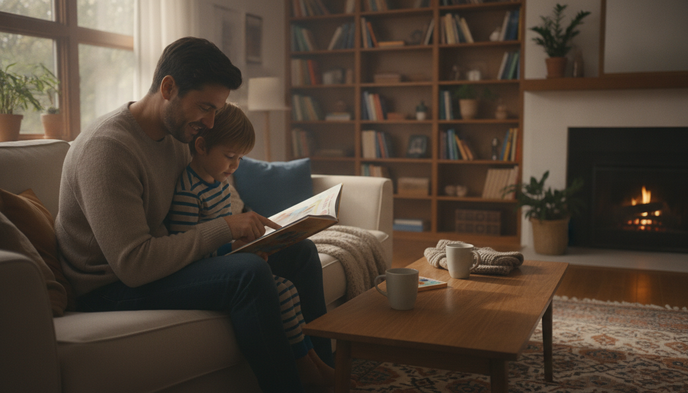 A parent sitting close beside a young child, both looking at an open picture book together in a cozy living room