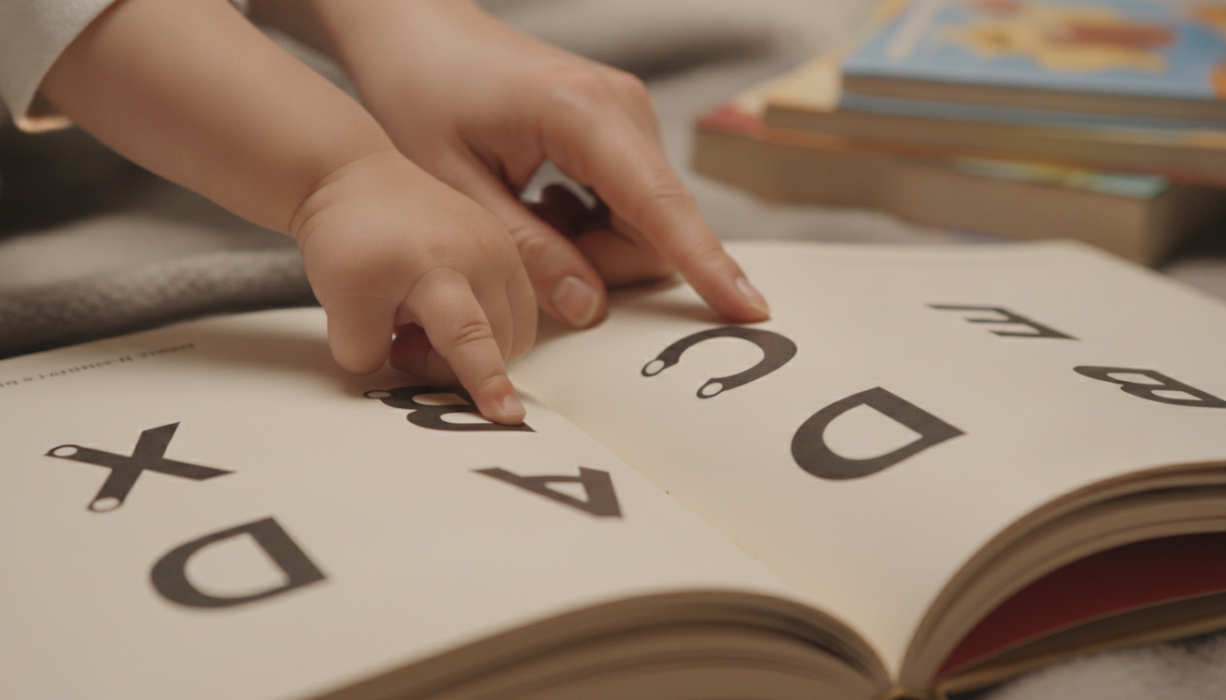 A child's finger pointing at letters in an open book, with a parent's hand nearby, conveying patience and collaboration