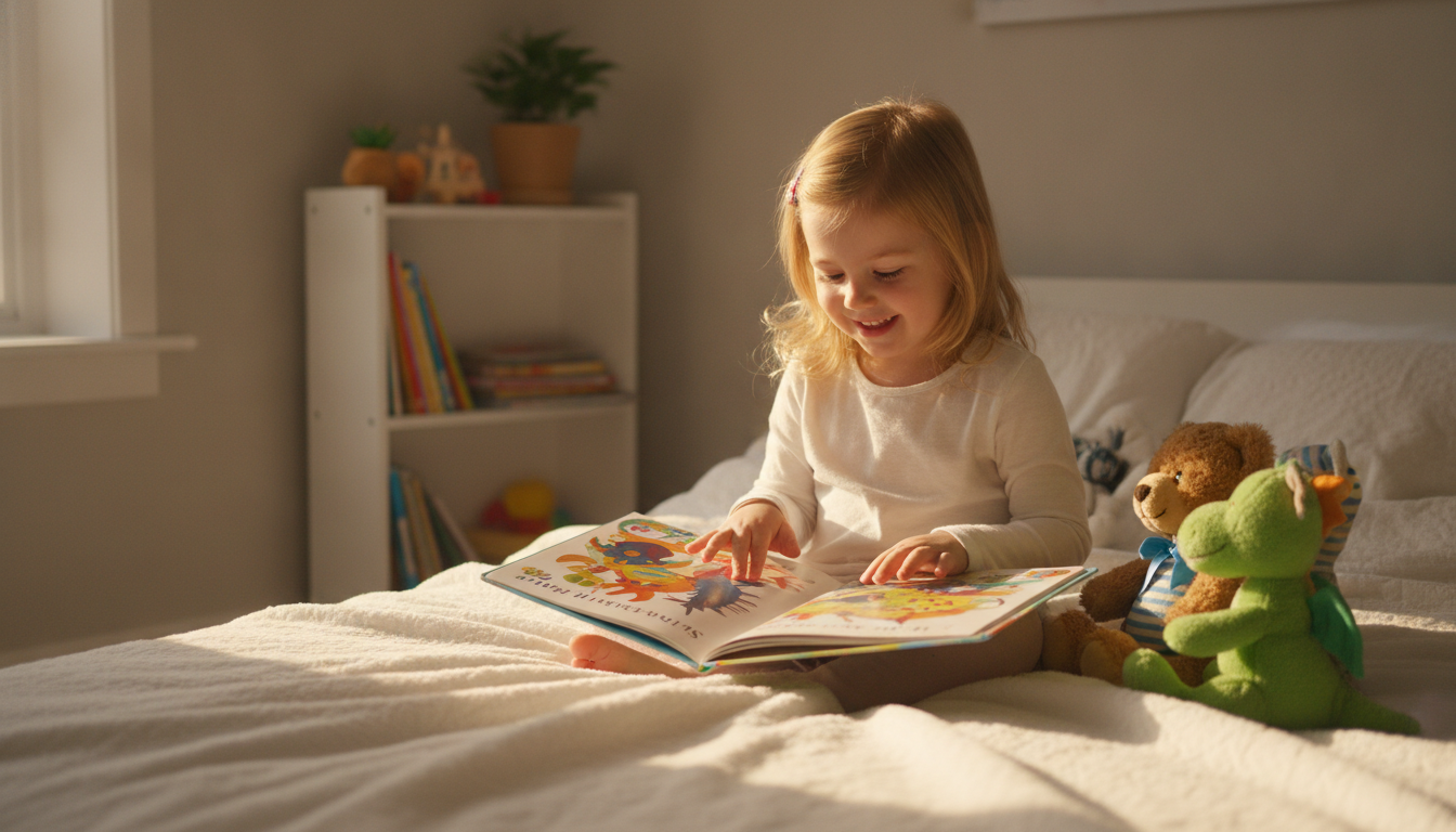 A young child sitting cross-legged on a bed, reading a colorful book independently with a happy, engaged expression