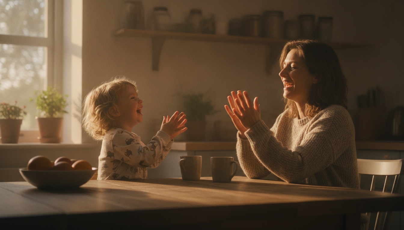 A parent and young child laughing together at a kitchen table, clapping hands in a playful sound game