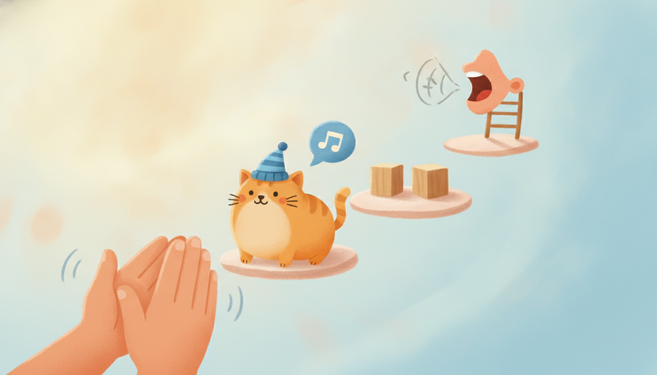 A visual progression showing clapping hands, rhyming objects, and a child speaking — representing the stages of sound awareness development