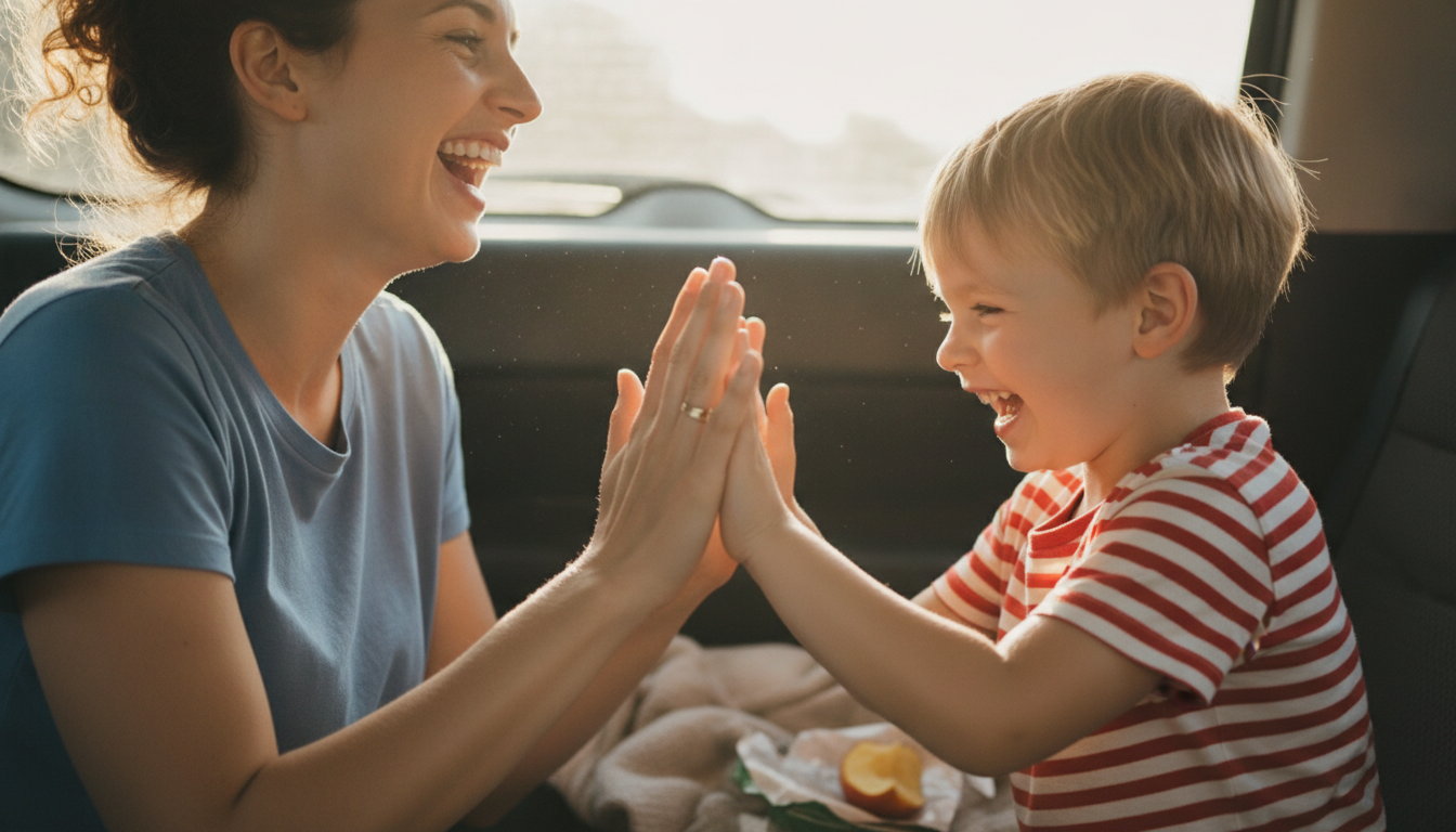 A parent and child laughing together while playing a clapping game in a bright kitchen setting — no books or screens visible