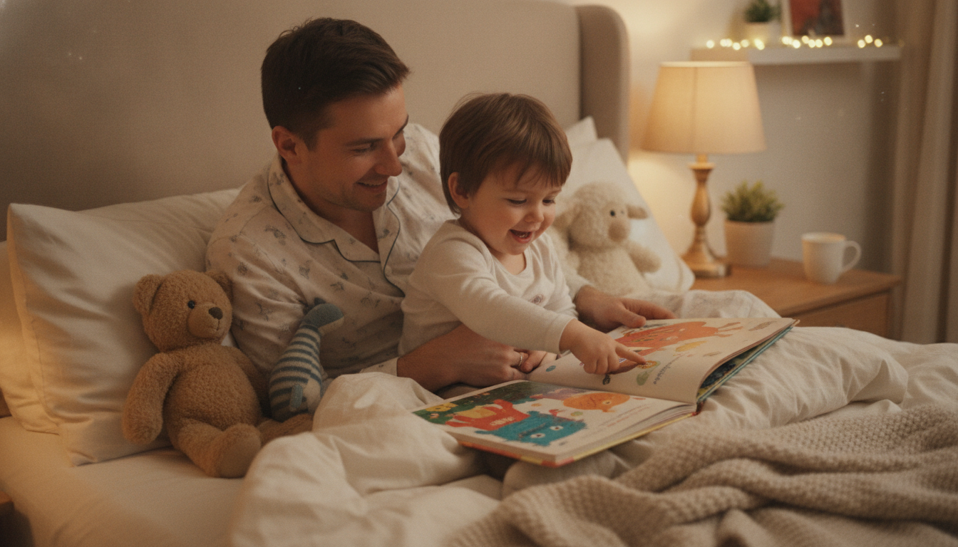 A parent and young child sit together at bedtime with a colorful picture book open between them, the child pointing excitedly at an illustration while the parent leans in and listens warmly