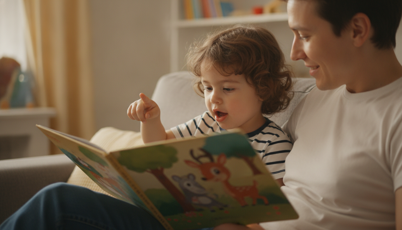 A parent and four-year-old child sit side by side with an open picture book, the child raising a finger mid-sentence while the parent listens attentively with a warm smile