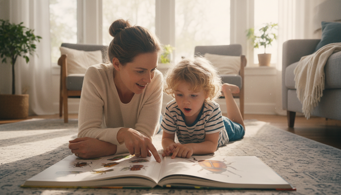 A parent and five-year-old child lie on their stomachs on a rug, looking at a colorful nonfiction picture book about insects, the child pointing at a large beetle illustration with a fascinated expression