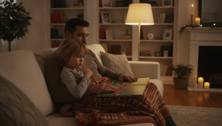 A parent and young child sitting together on a cozy couch under a blanket, a picture book just closed on the parent's lap, soft lamp light and bookshelves in the background
