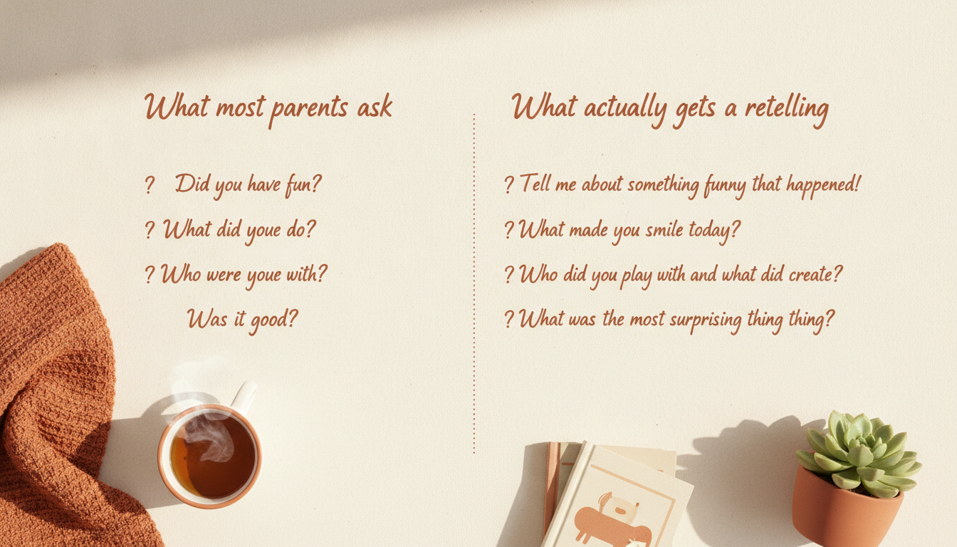 A flat-lay illustration showing two columns comparing closed questions parents typically ask versus open questions that invite a real retelling, in warm terracotta and cream tones