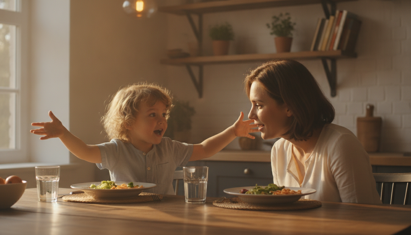 A parent and young child sitting at a kitchen table during dinner, the child animatedly gesturing as if telling a story while the parent listens warmly, natural window light and cozy home kitchen in the background