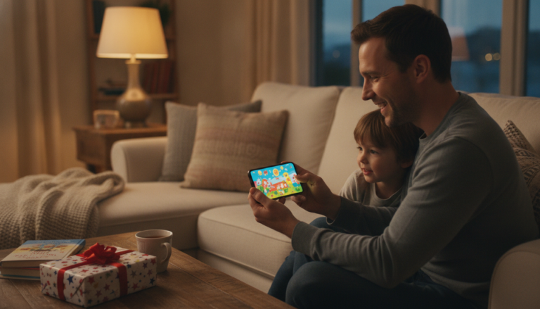 A parent smiling at a colorful illustrated children's story on their smartphone while a young child leans in to look, with a wrapped gift box on the coffee table nearby