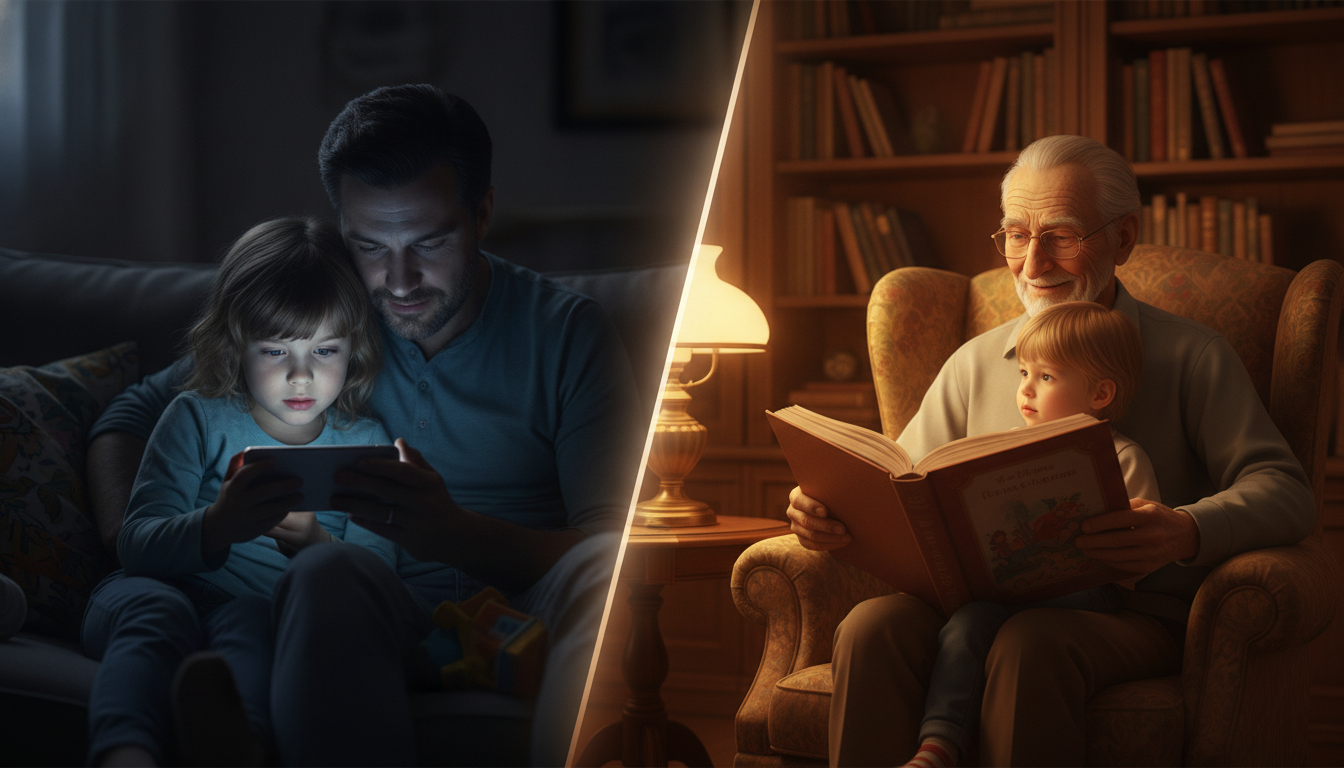 Split scene: on the left a child and parent look at a glowing phone screen; on the right a grandparent reads a printed hardcover children's book to a young child by warm lamplight