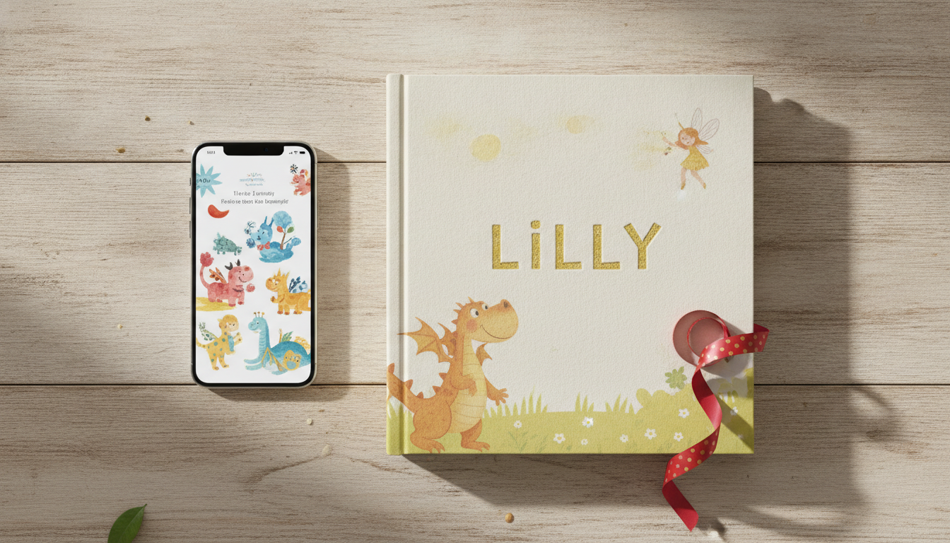 A flat-lay showing a smartphone displaying a colorful illustrated children's story next to a beautifully printed hardcover children's book with a child's name on the cover and a small gift ribbon beside it