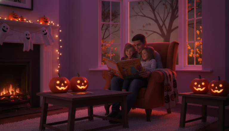 A parent sits in a large armchair reading a colorful illustrated Halloween storybook to two young children snuggled on their lap, surrounded by warm orange and purple decorations and glowing fairy lights