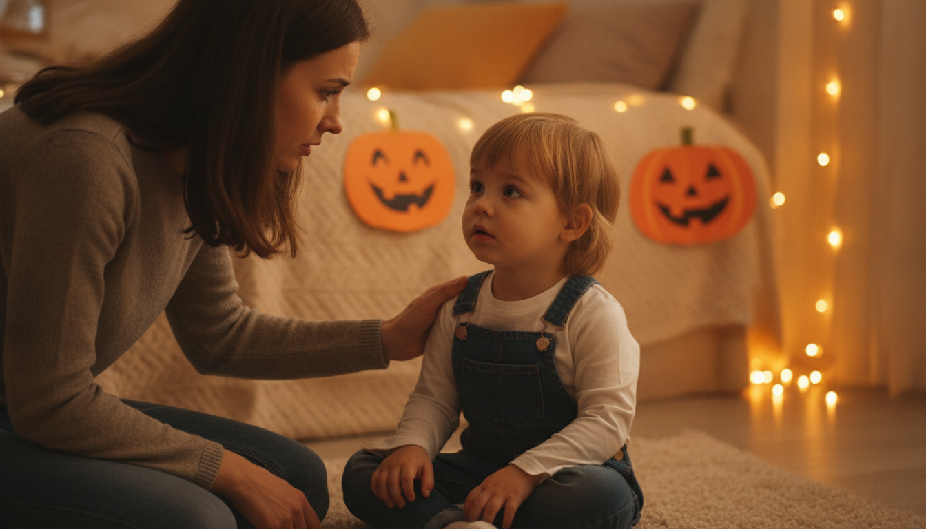 A concerned but loving mother kneels to eye level with a small child aged about four, gently placing a reassuring hand on the child's shoulder in a warmly lit bedroom with soft Halloween decorations
