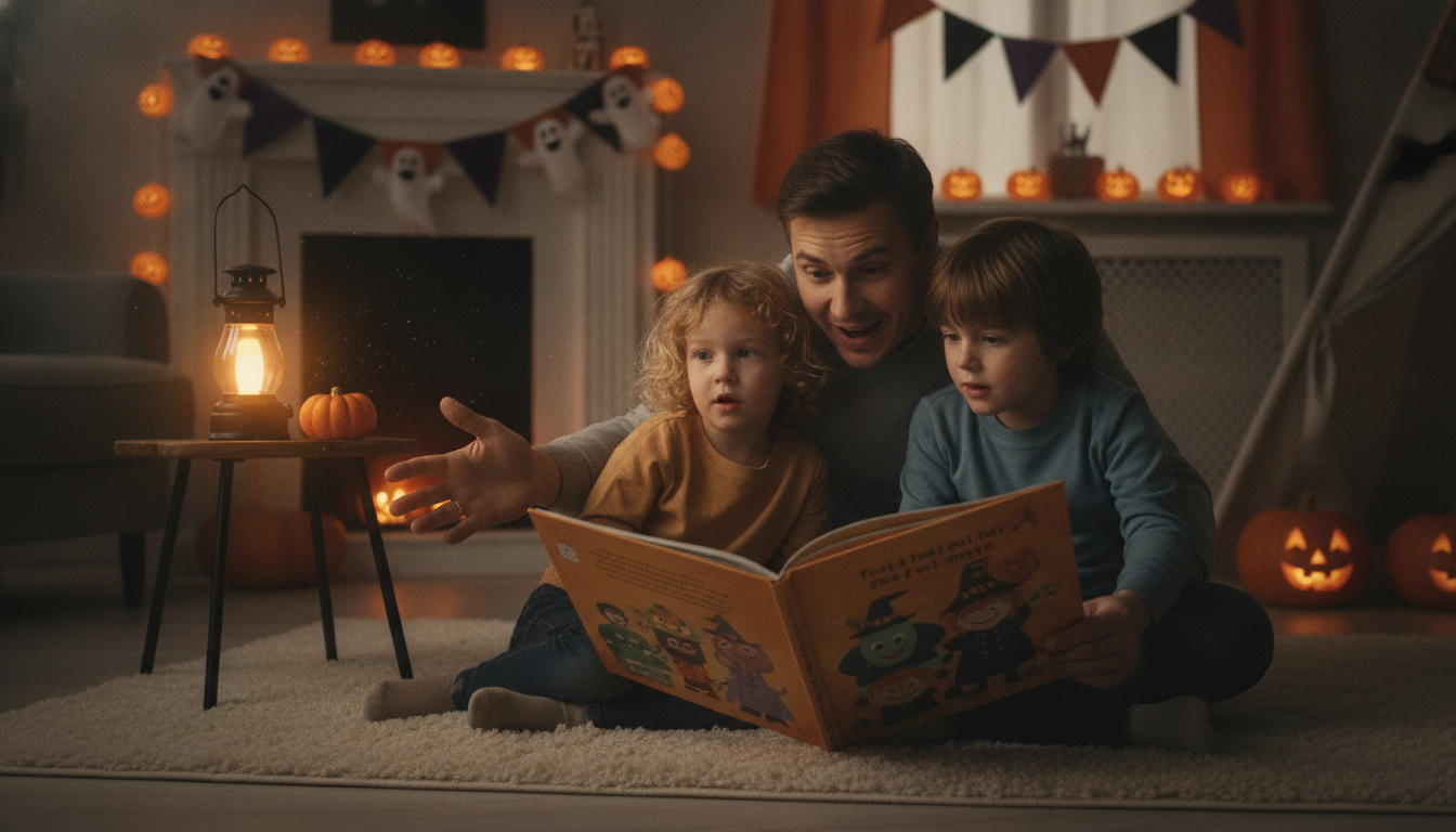 A parent and two young children sit on a cozy rug illuminated by the warm glow of an LED lantern and pumpkin string lights, the parent reading an illustrated storybook with an animated expression while both children lean in with wide, delighted eyes