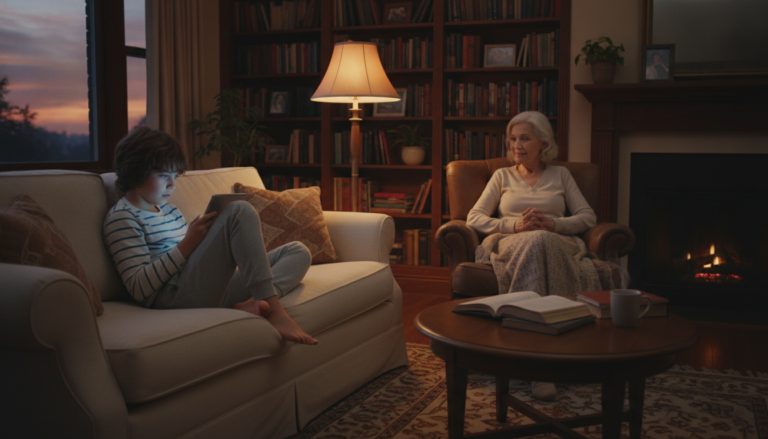 A child around 8 years old reading on a tablet in a cozy living room, with a parent nearby and bookshelves in the background