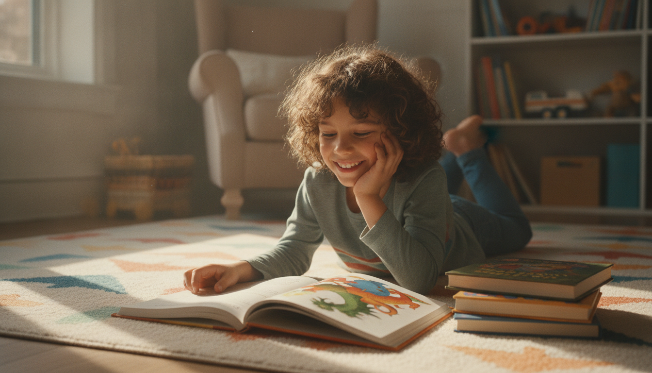 A child around 8 years old lying on a colorful rug, reading a book with a smile, in a warm and relaxed home setting
