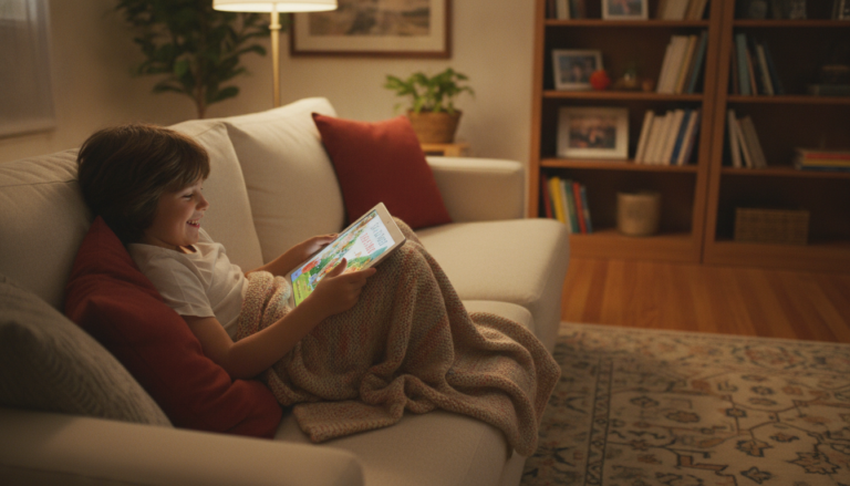 A young child sitting comfortably on a couch reading a colorful illustrated book on a tablet, with warm living room lighting and bookshelves in the background