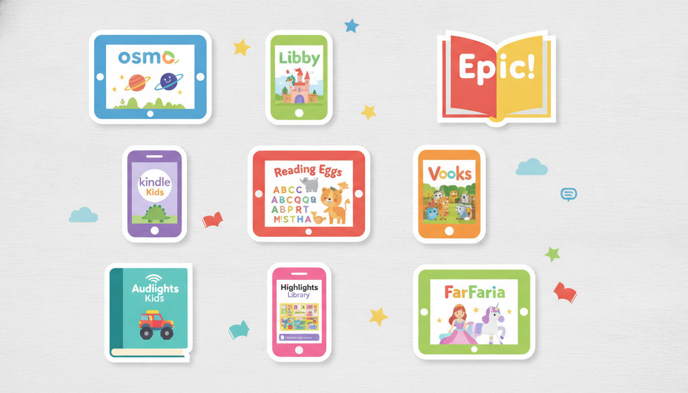 A flat-lay style illustration showing nine different device screens and book icons arranged in a grid, each representing a different online reading platform with colorful children's book covers visible on the screens