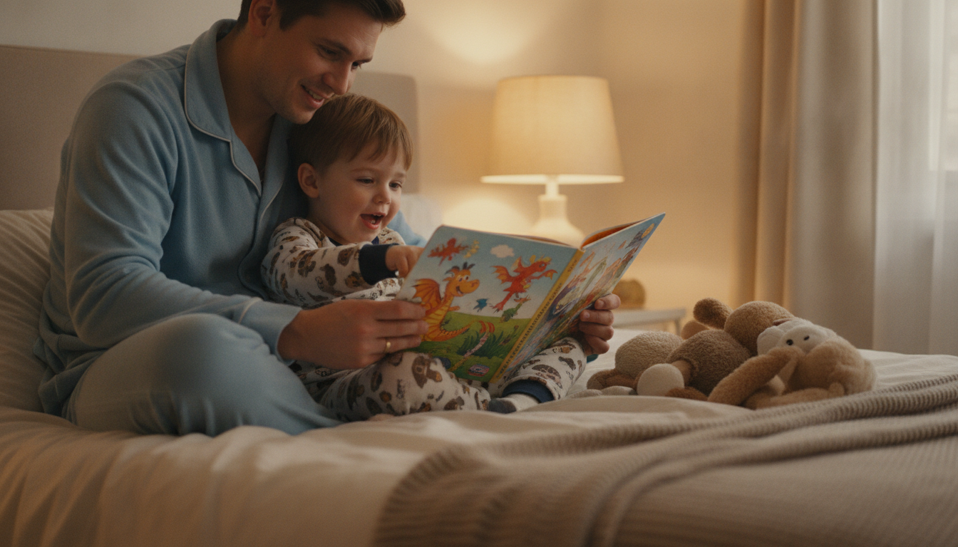 A parent and young child sitting side by side on a bed, both looking at a colorful picture book together, with the child pointing at an illustration with an expression of curiosity and delight