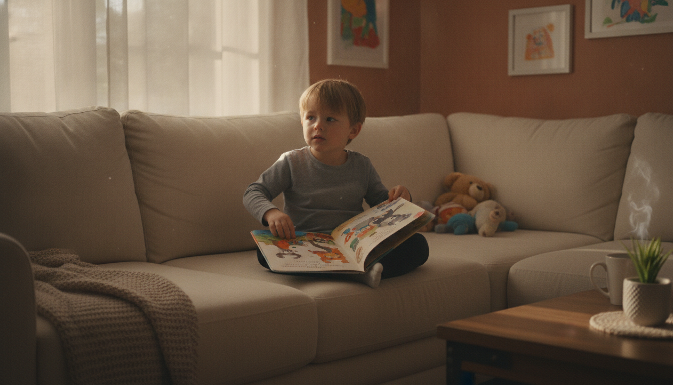 A young child on a sofa losing interest in a picture book partway through a reading month
