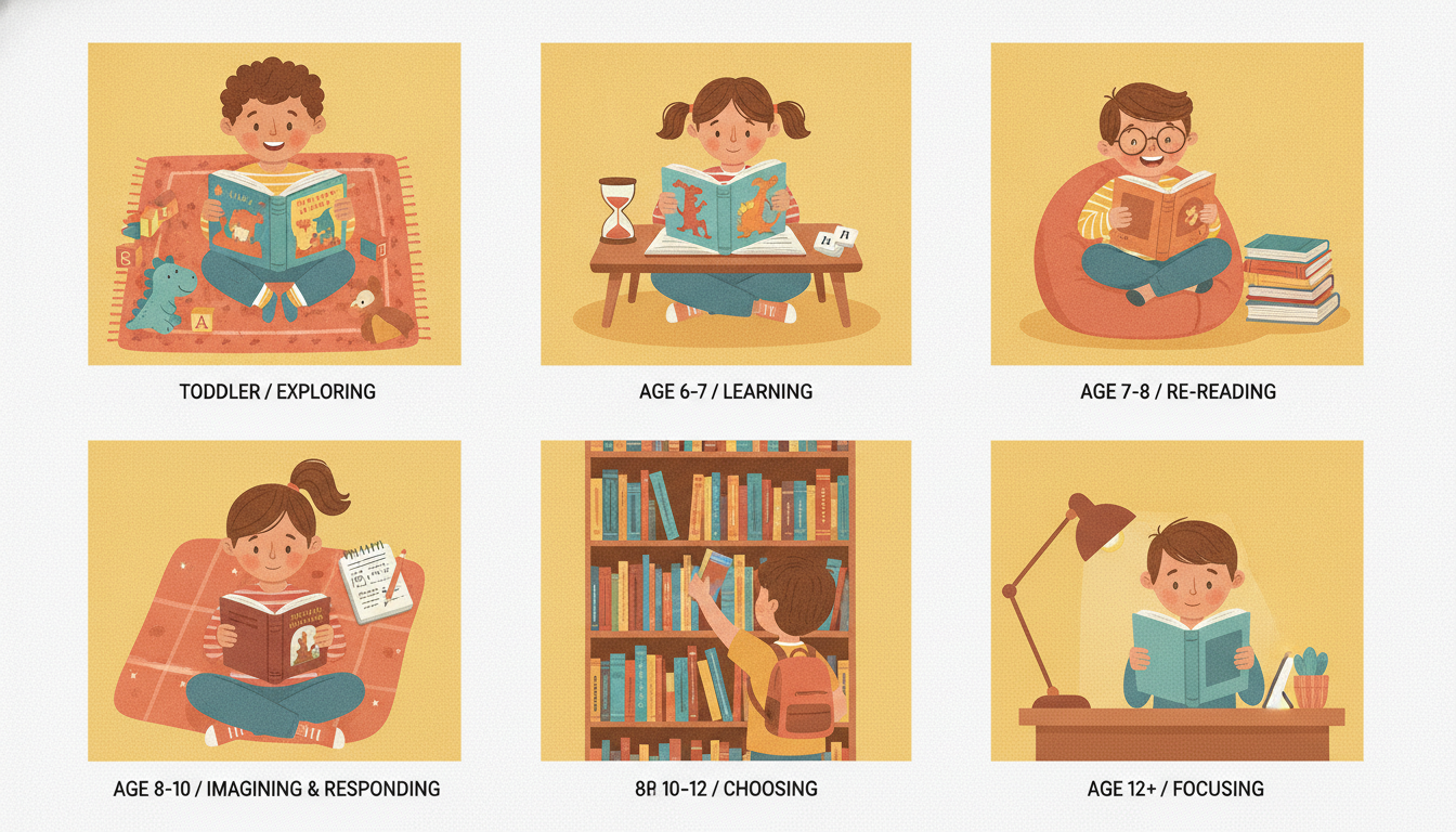 Six age-grouped reading scenes showing children at different stages of independent reading, from toddler with board book to twelve-year-old reading at a desk