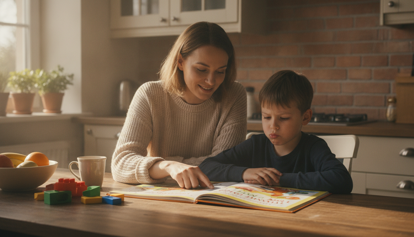 A parent sitting calmly next to a child at a kitchen table, the child looking slightly frustrated with a book, the parent leaning in gently with an encouraging expression