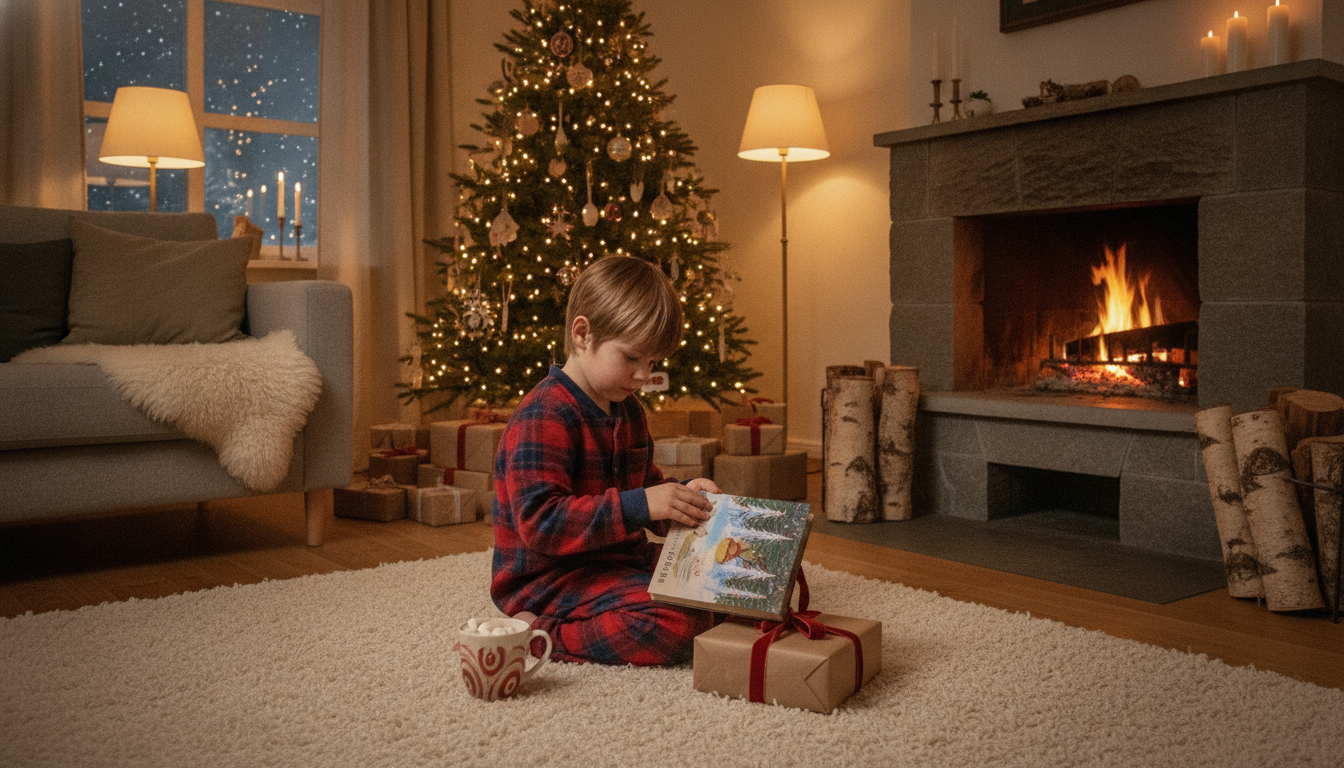 A child in flannel pajamas unwrapping a book by the Christmas tree on Christmas Eve, with hot cocoa nearby