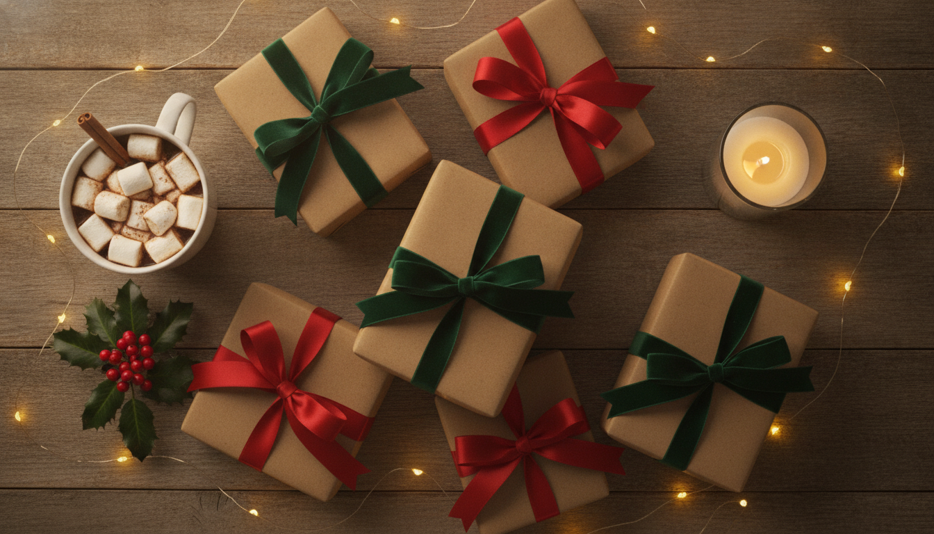 Wrapped books in kraft paper with red and green ribbon, surrounded by hot cocoa, holly, a candle and fairy lights on a wooden table