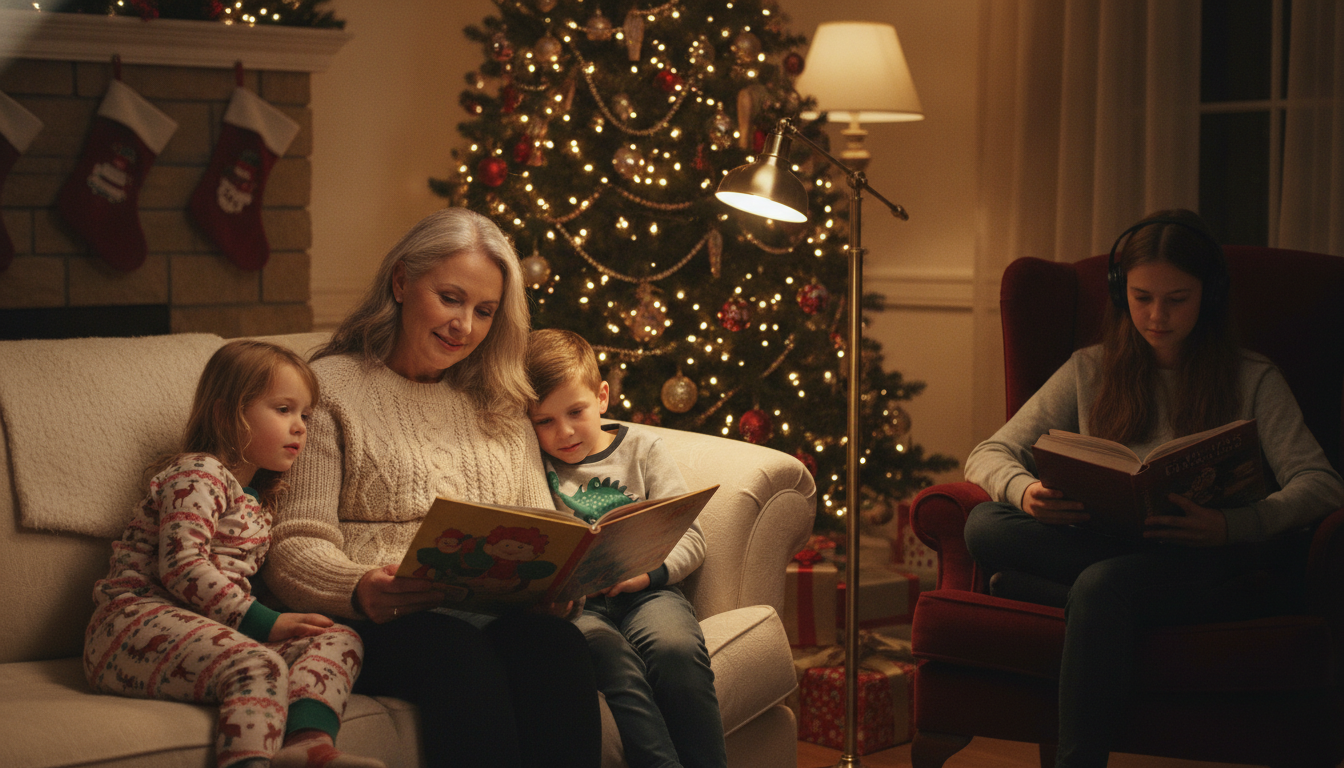 A grandmother reading aloud from a picture book to two young children on a sofa, with a teenager reading independently nearby, a decorated Christmas tree in the background