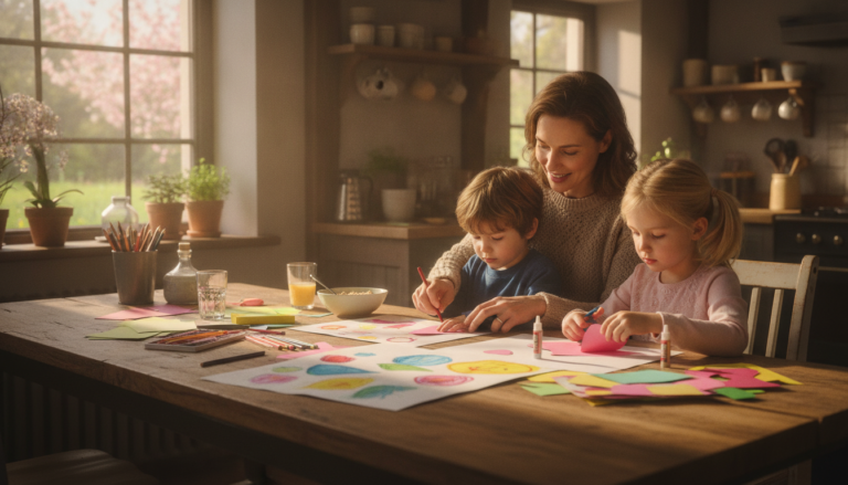 A parent and two young children sitting at a wooden kitchen table drawing colorful pictures and cutting paper hearts together in warm morning light