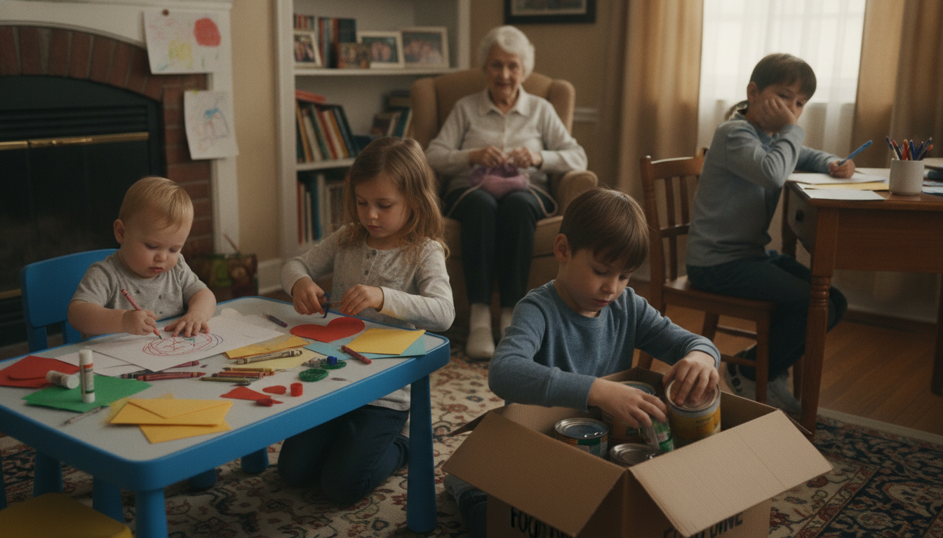 Four children of different ages engaged in kindness activities at home — a toddler drawing, a child making a card, a child sorting canned goods, and a child writing a letter, with a grandparent watching warmly in the background