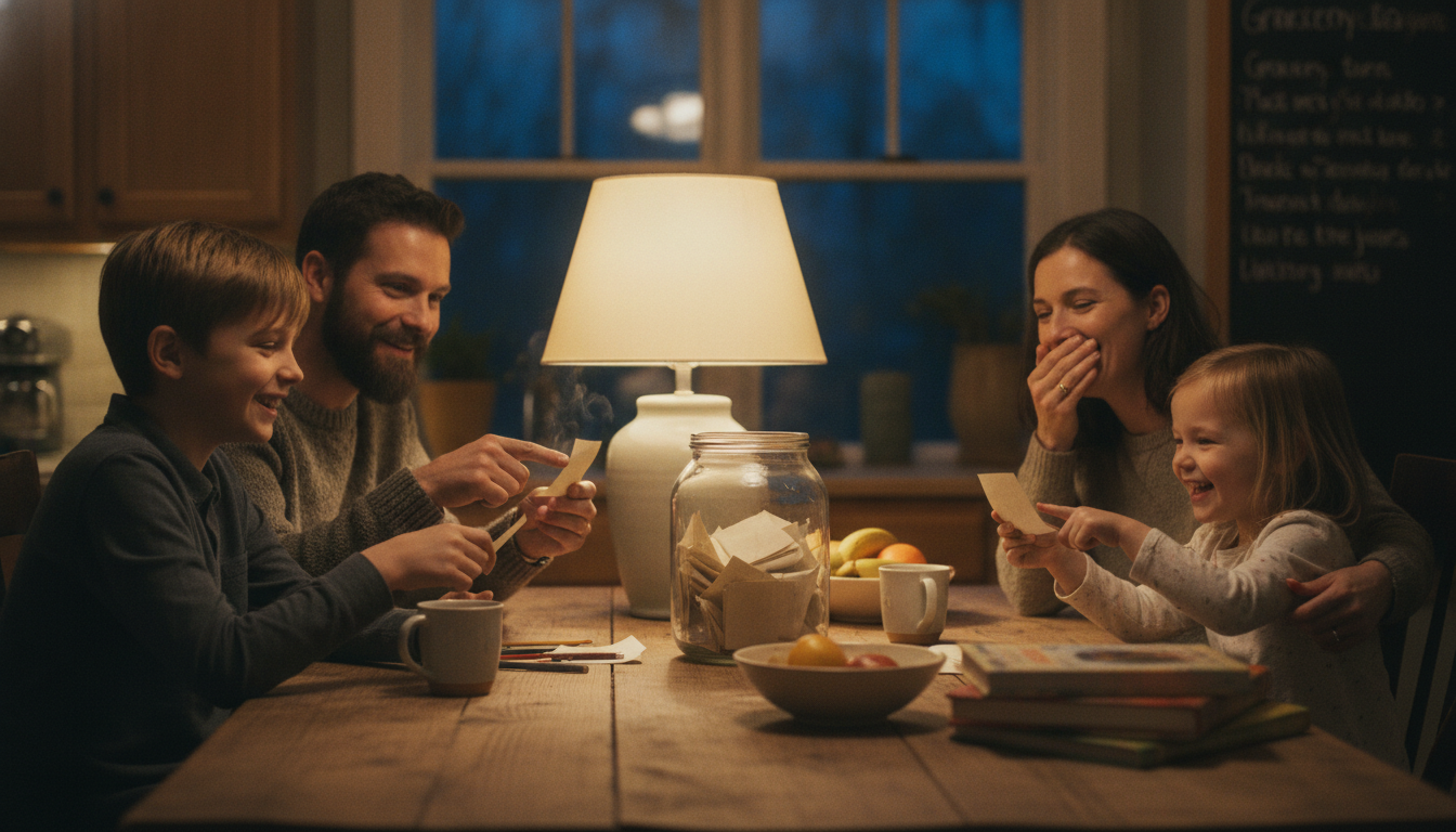 A family of four gathered around a kitchen table in the evening, reading small folded notes from a large glass jar filled with paper slips, smiling warmly in the light of a table lamp