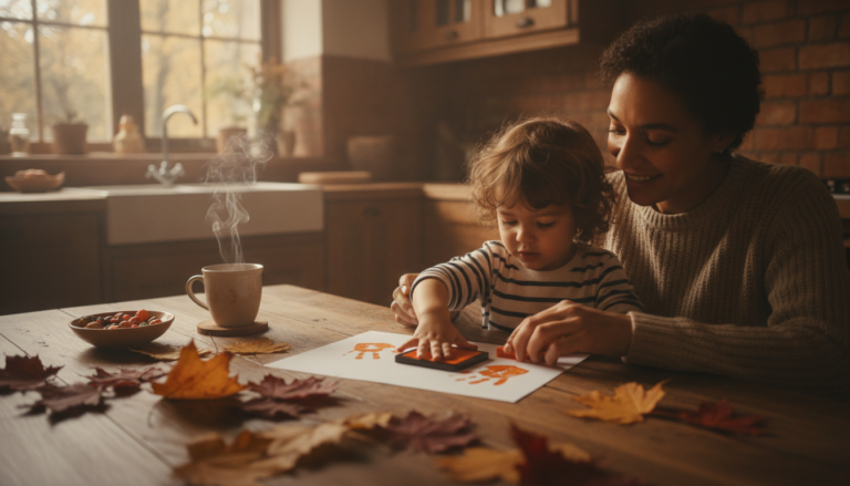 Parent and young child pressing handprints in orange paint onto white paper at a wooden kitchen table, surrounded by autumn leaves in red, orange and yellow