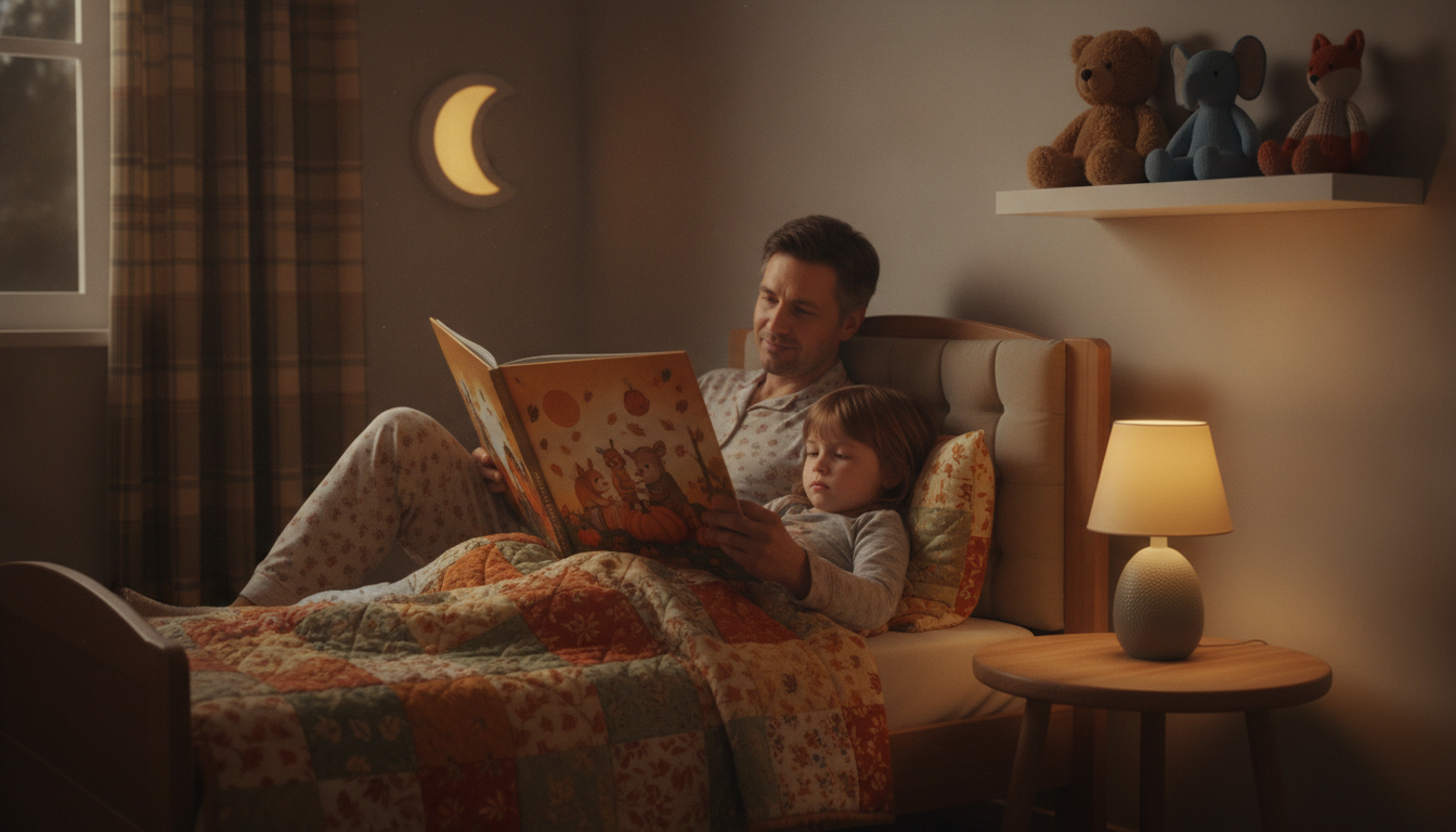 Parent and young child reading a picture book together at bedtime under a patchwork quilt, with a small lamp casting warm yellow light in a cozy bedroom