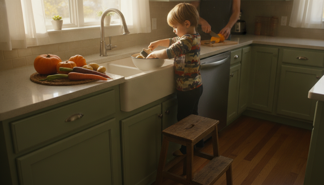Young child of about five standing on a wooden step stool at the kitchen counter, washing potatoes in a small white bowl of water with a vegetable brush, sleeves rolled up, adult hands visible nearby