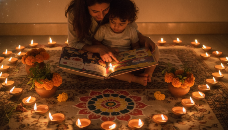 A parent and young child reading a colorful Diwali storybook together, surrounded by glowing clay oil lamps and rangoli patterns
