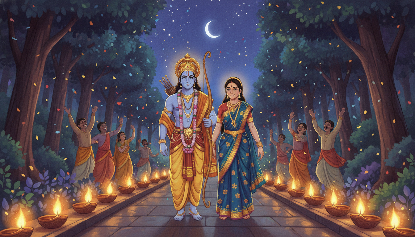 A colorful storybook illustration of Lord Rama and Sita standing triumphantly, rows of glowing oil lamps lining a forest path at night with joyful villagers celebrating