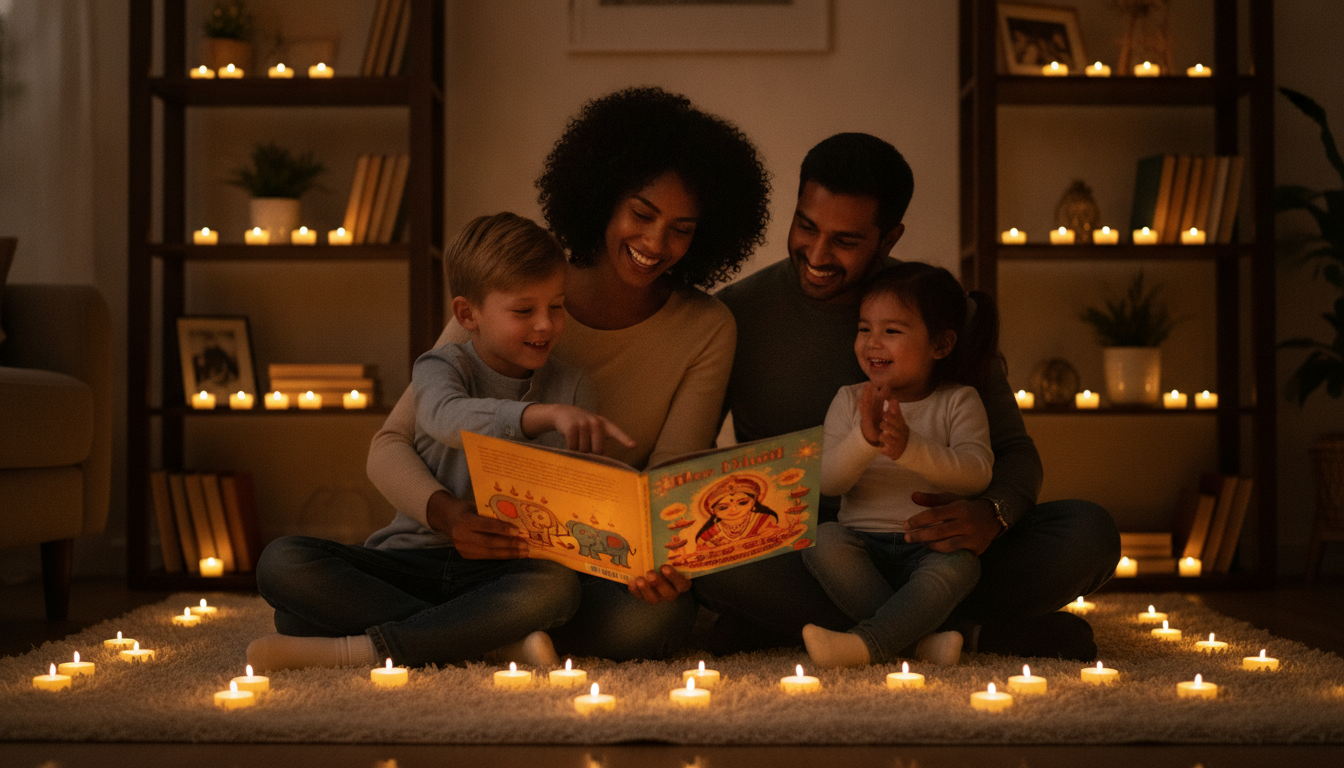 A diverse American family sitting together on a living room floor at night, surrounded by battery-powered tea lights and an open colorful Diwali picture book, children looking engaged and delighted